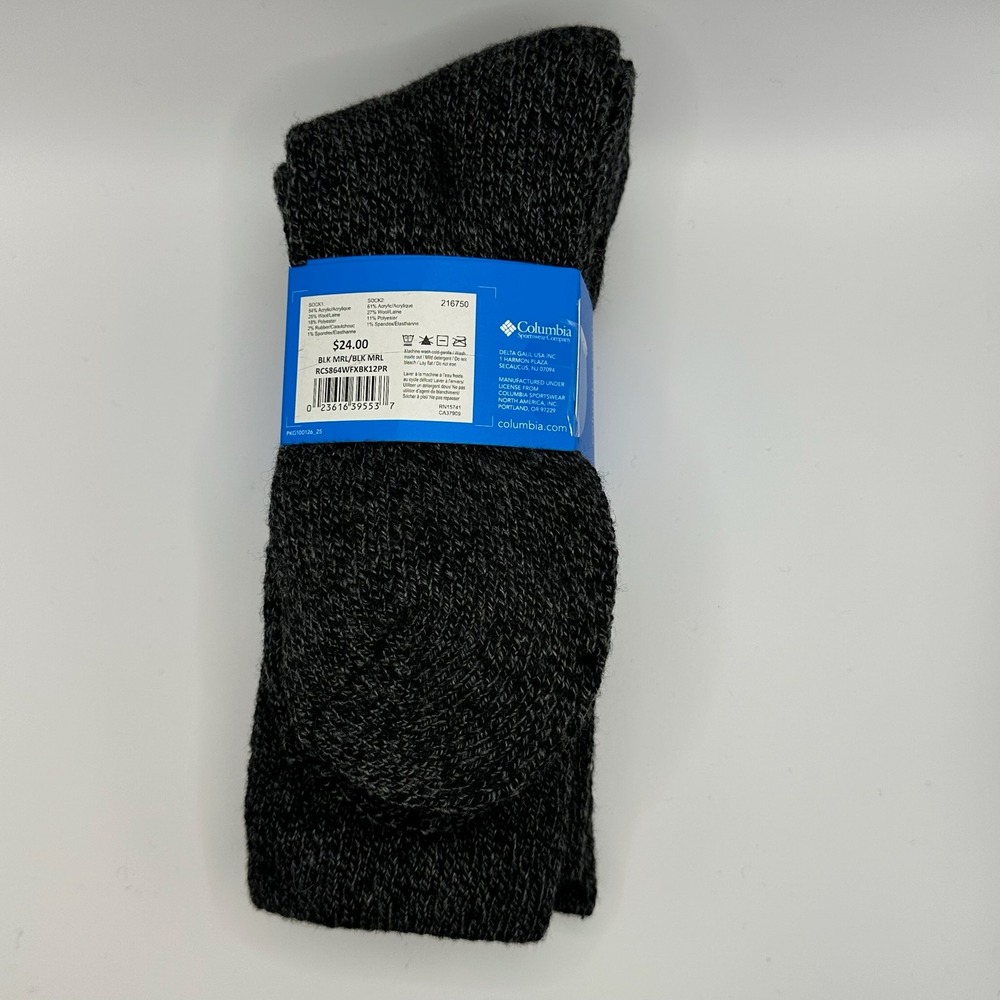 Columbia Crew Socks Women Size 4-10 Black Grey NWT Wool Blend 2-Pack - Picture 2 of 2